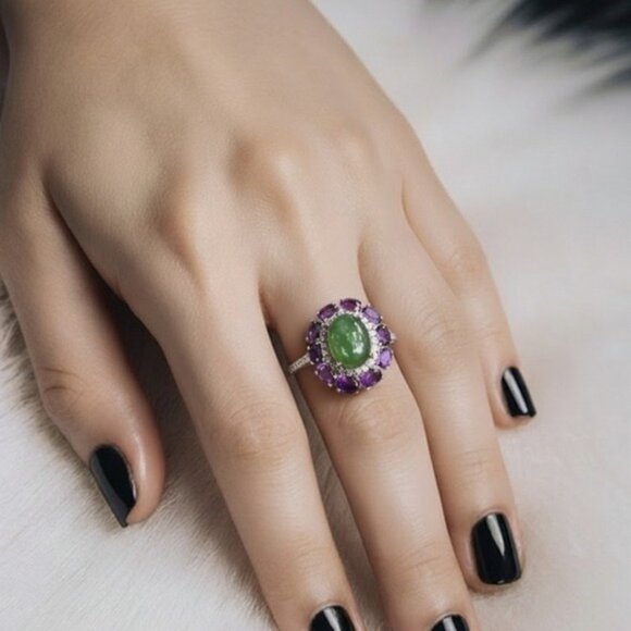 925 Sterling Silver Ring Sz 9 with Natural Jade 8x10mm & Amethyst Gems - Picture 3 of 7
